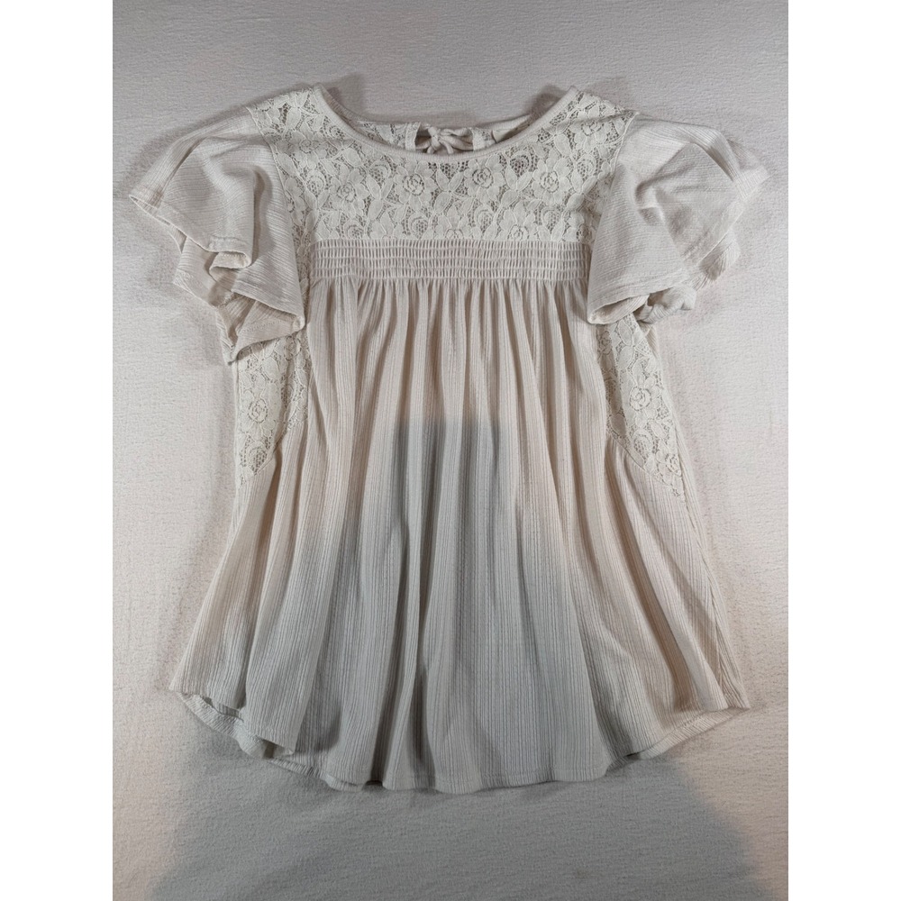 Knox Rose Women Cream Lace Flutter Sleeve Babydoll Boho Ribbed Knit Blouse Med